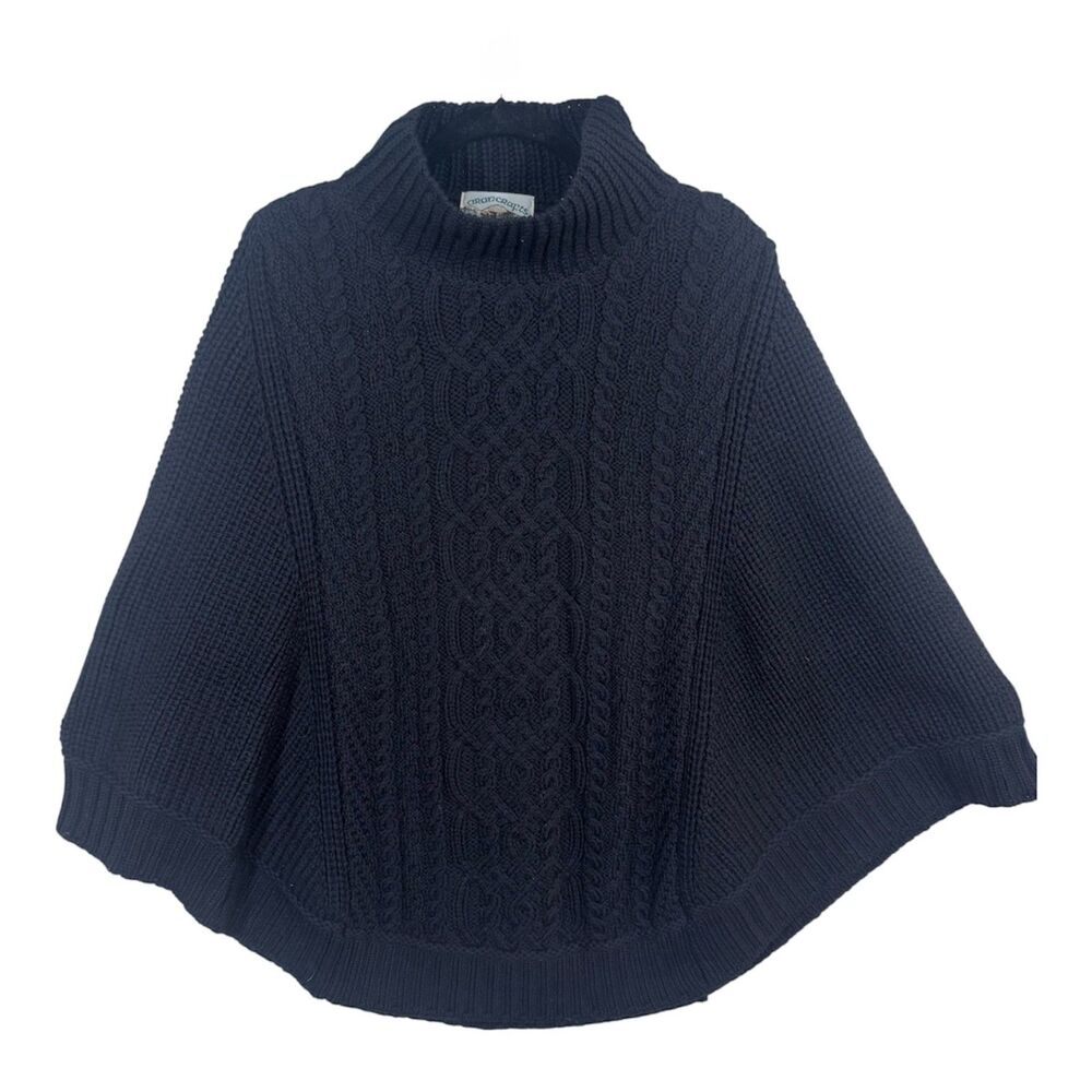 Arancrafts Ireland Merino Wool Cable Knit Poncho Cape NWT Black L